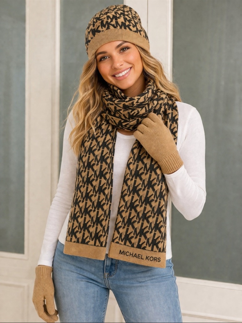 Michael Kors Tan & Black Logo Knit Scarf, Hat & Gloves Set